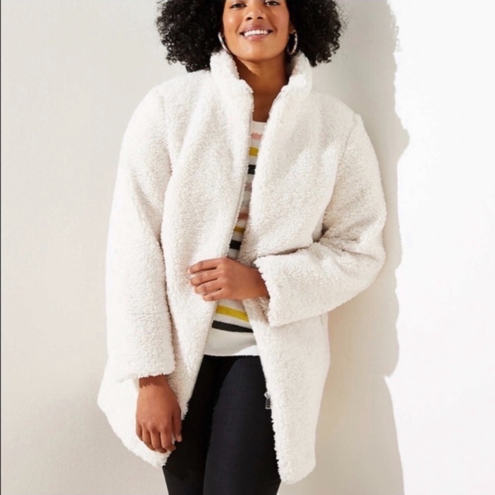 Loft Plus Longline Zip Front Funnel Neck Teddy Coat Off White- 18